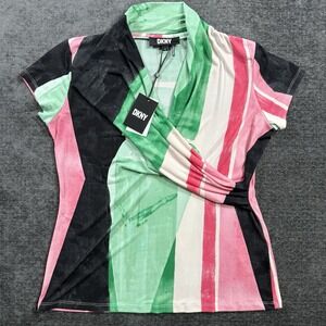DKNY Women's Matte Jersey Faux Wrap Top Geometric Multicolor Blouse Size XL NWT
